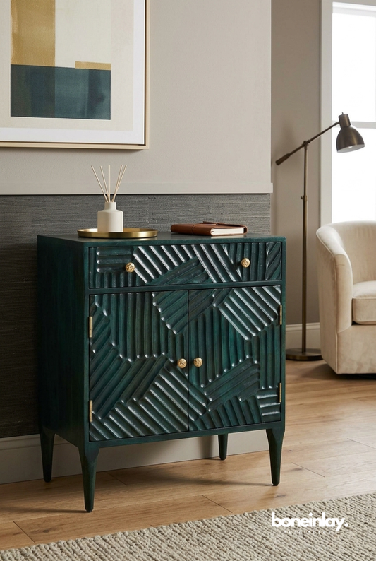 Dark Green Geometric Carved Accent Cabinet