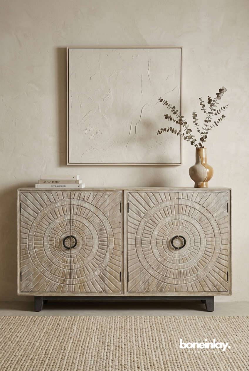 Modern Rustic Wooden Sideboard Cabinet with Geometric Sunburst Panel Design