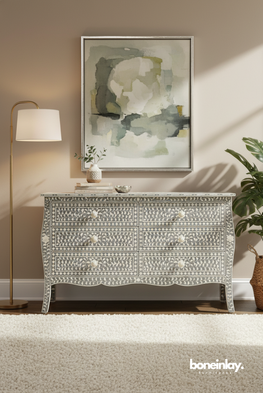 Grey Floral Bone Inlay Dresser with Handcrafted Botanical Inlay Pattern
