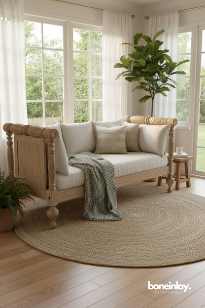 Hand-Carved Wooden Sofa with Neutral Upholstery