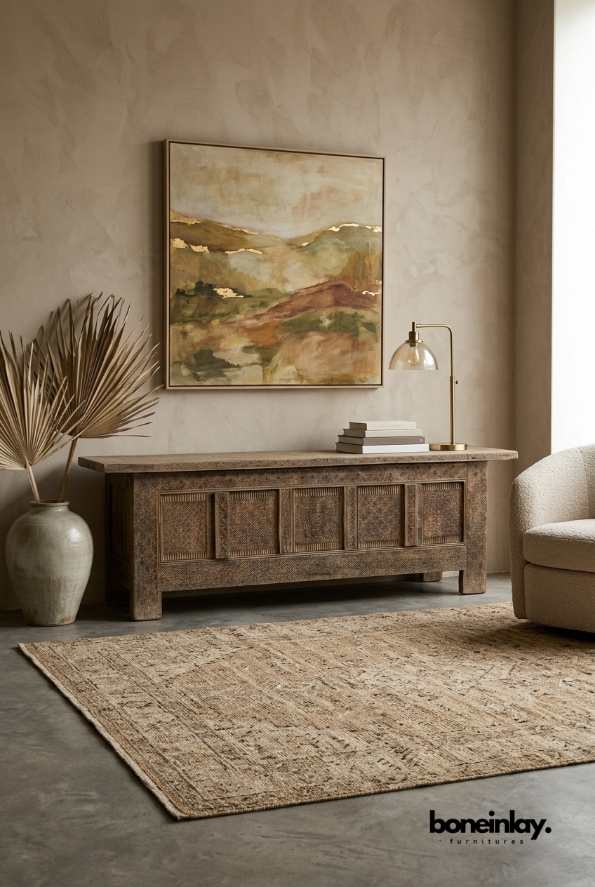 Rustic Hand Carved Wooden Media Console with Tribal Geometric Panel Detailing
