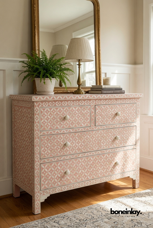 Blush Pink Bone Inlay Chest of Drawers with Geometric Floral Pattern