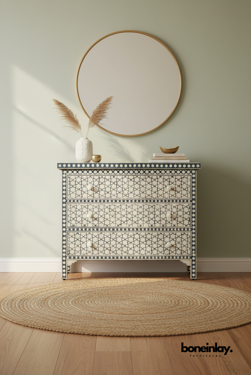 Grey and White Geometric Bone Inlay Chest of Drawers