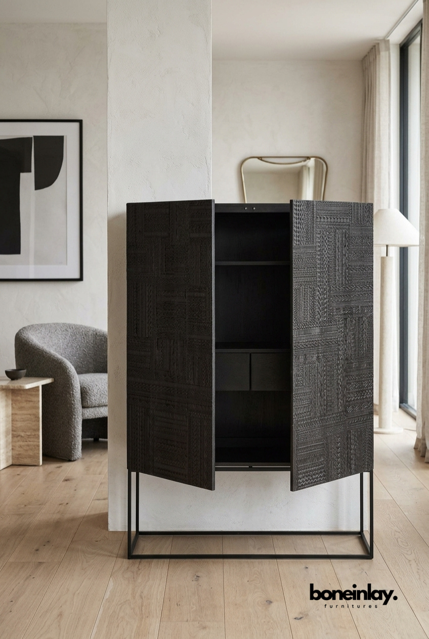 Modern Black Hand Carved Wood Bar Cabinet with Storage Shelves