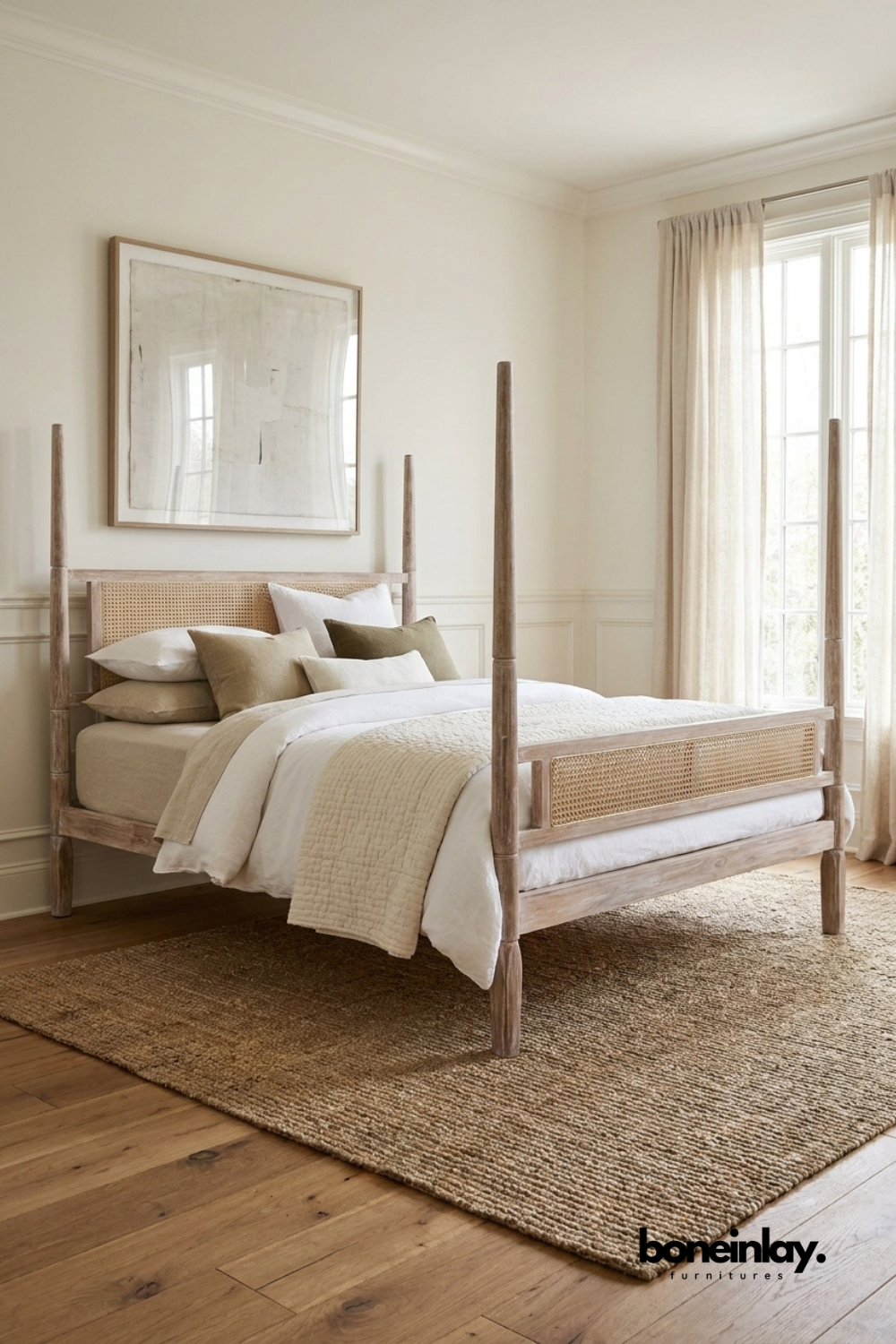 Rustic Cane Panel Four Poster Bed in Weathered Oak