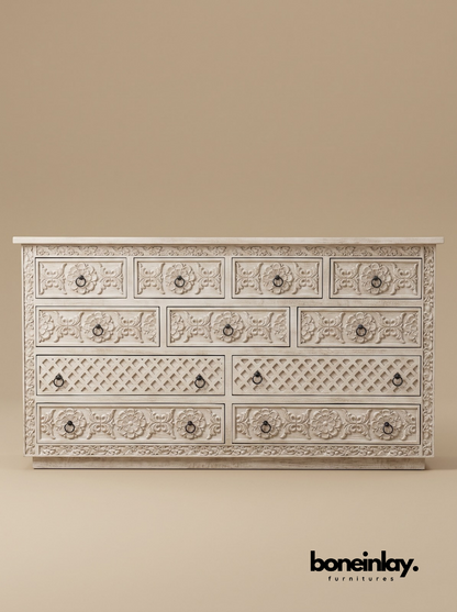 Hand-Carved Luxury White Wood Ornate Bedroom Set (6-Piece Suite)
