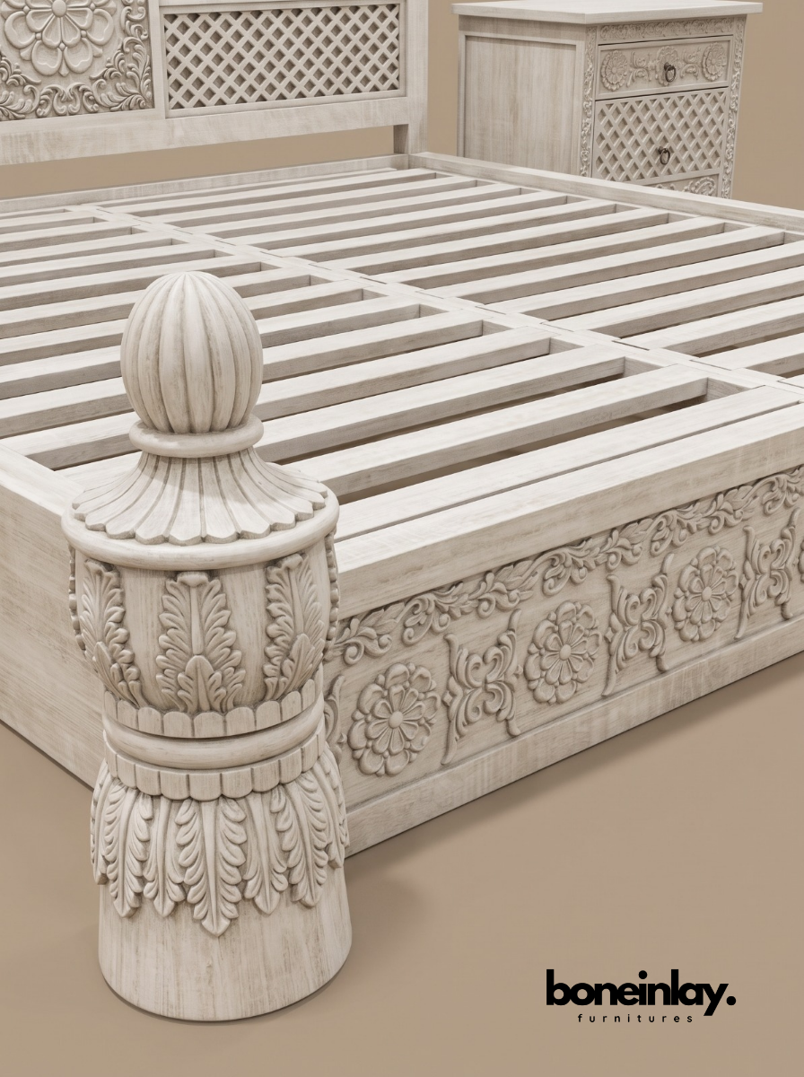 Hand-Carved Luxury White Wood Ornate Bedroom Set (6-Piece Suite)
