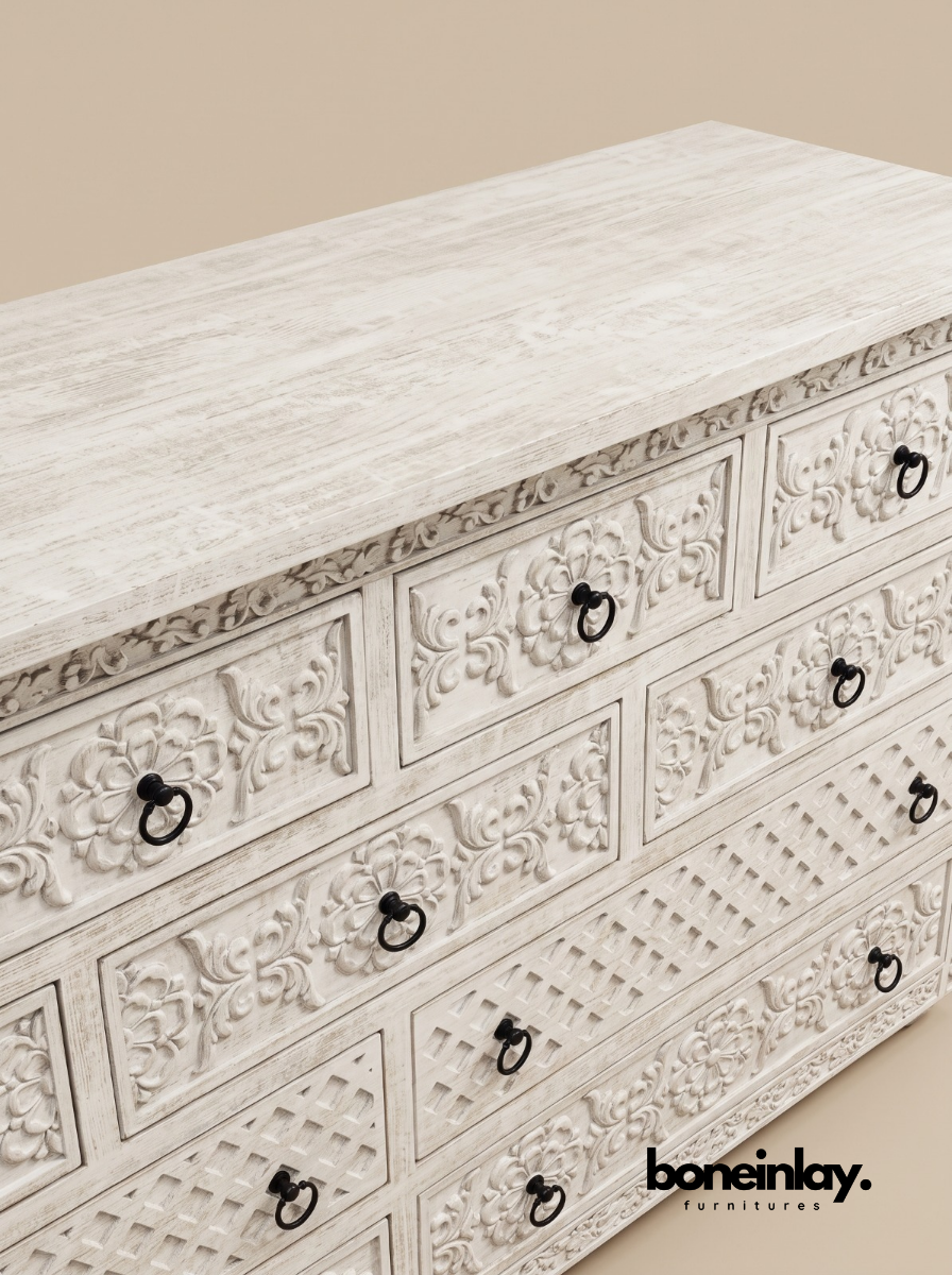 Hand-Carved Luxury White Wood Ornate Bedroom Set (6-Piece Suite)