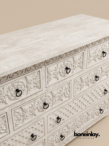 Hand-Carved Luxury White Wood Ornate Bedroom Set (6-Piece Suite)