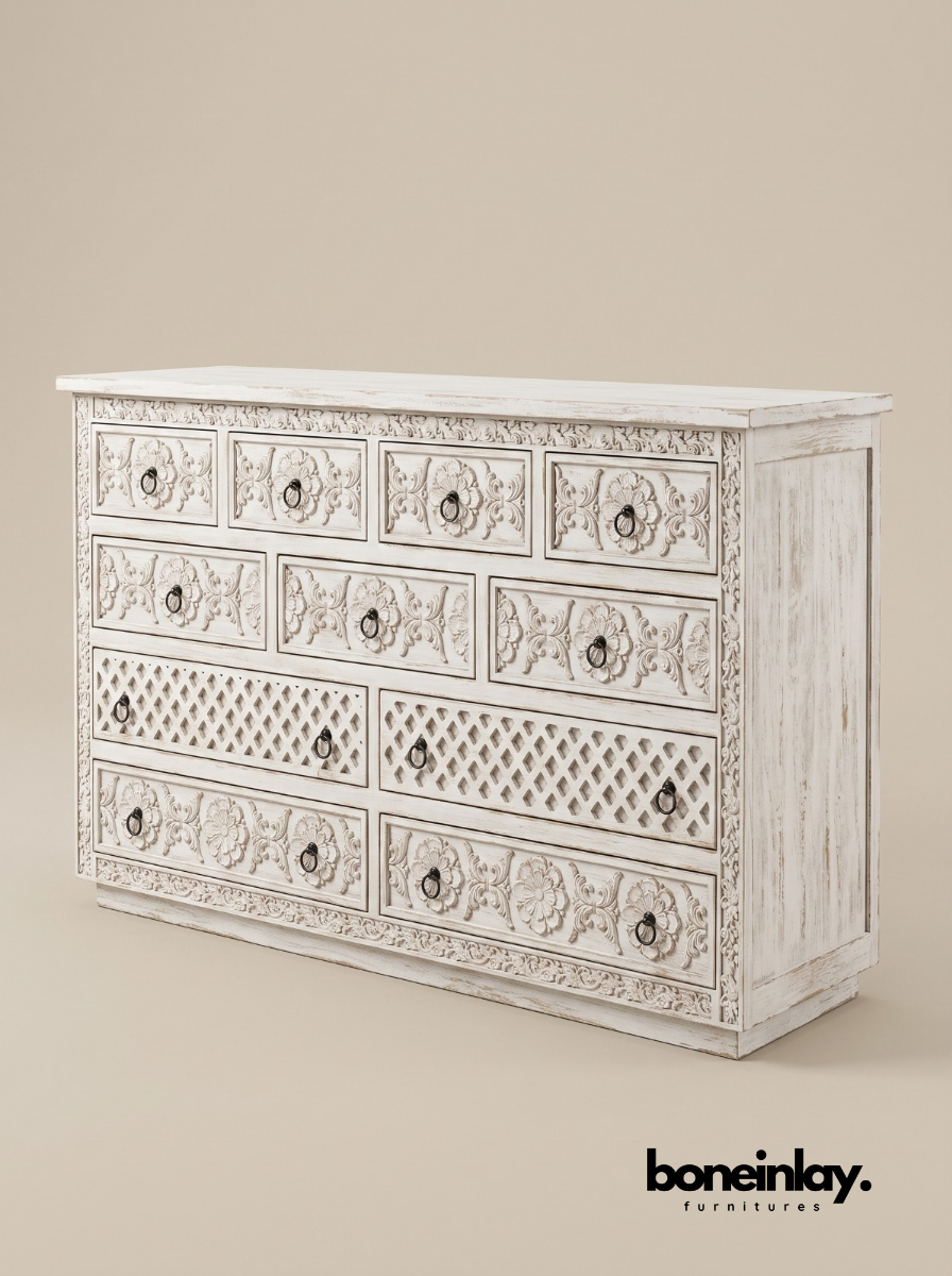 Hand-Carved Luxury White Wood Ornate Bedroom Set (6-Piece Suite)