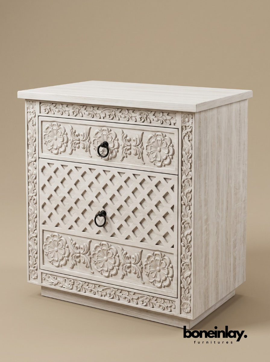 Hand-Carved Luxury White Wood Ornate Bedroom Set (6-Piece Suite)