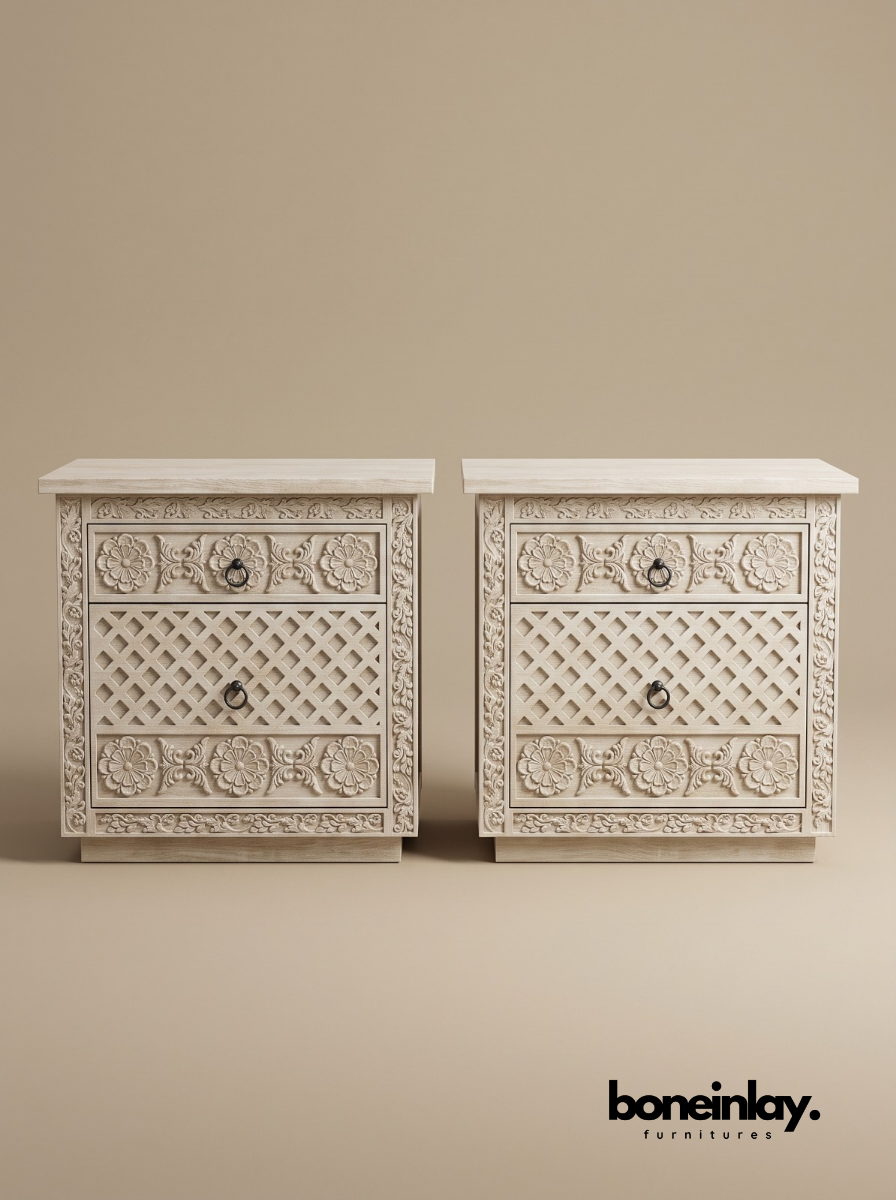 Hand-Carved Luxury White Wood Ornate Bedroom Set (6-Piece Suite)