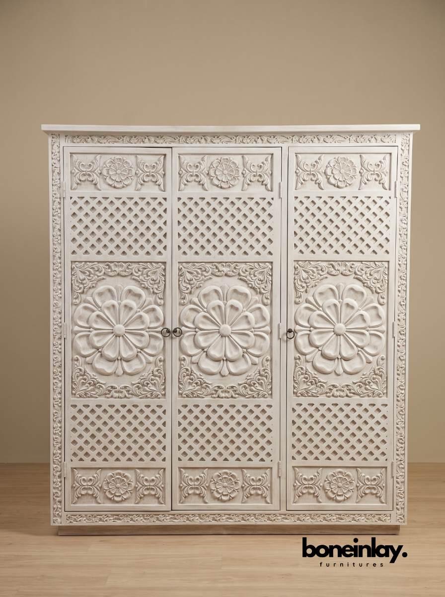 Hand-Carved Luxury White Wood Ornate Bedroom Set (6-Piece Suite)
