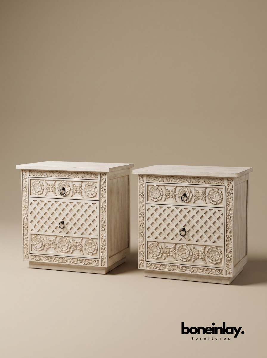 Hand-Carved Luxury White Wood Ornate Bedroom Set (6-Piece Suite)