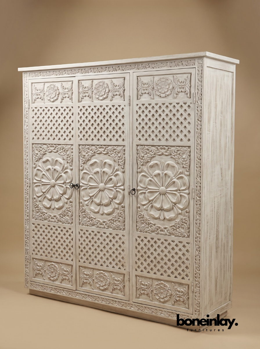 Hand-Carved Luxury White Wood Ornate Bedroom Set (6-Piece Suite)
