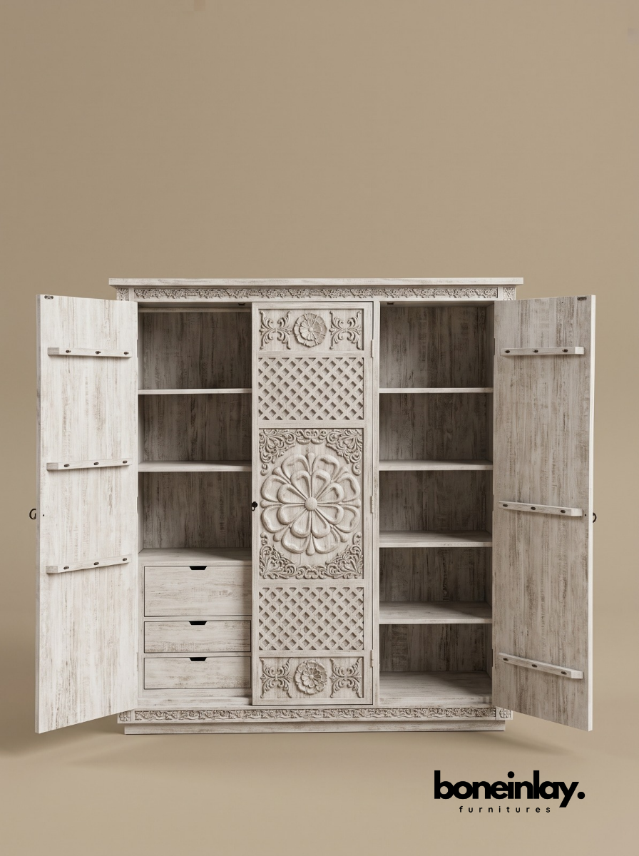 Hand-Carved Luxury White Wood Ornate Bedroom Set (6-Piece Suite)