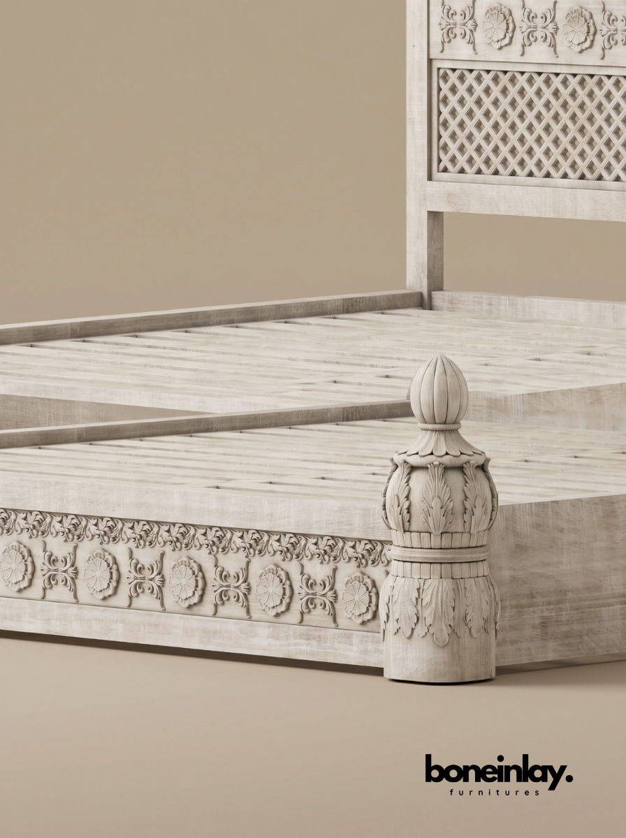 Hand-Carved Luxury White Wood Ornate Bedroom Set (6-Piece Suite)
