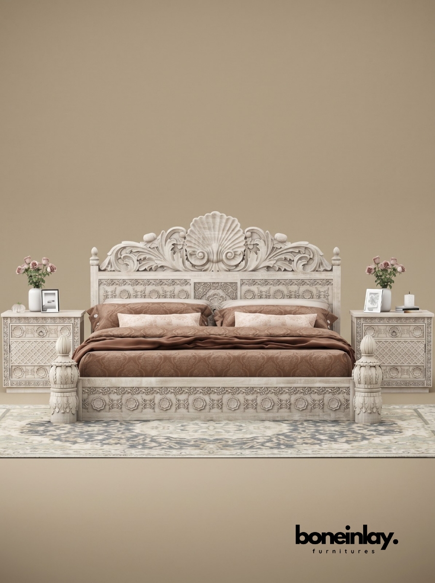 Hand-Carved Luxury White Wood Ornate Bedroom Set (6-Piece Suite)