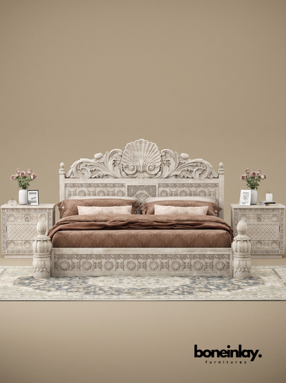 Hand-Carved Luxury White Wood Ornate Bedroom Set (6-Piece Suite)