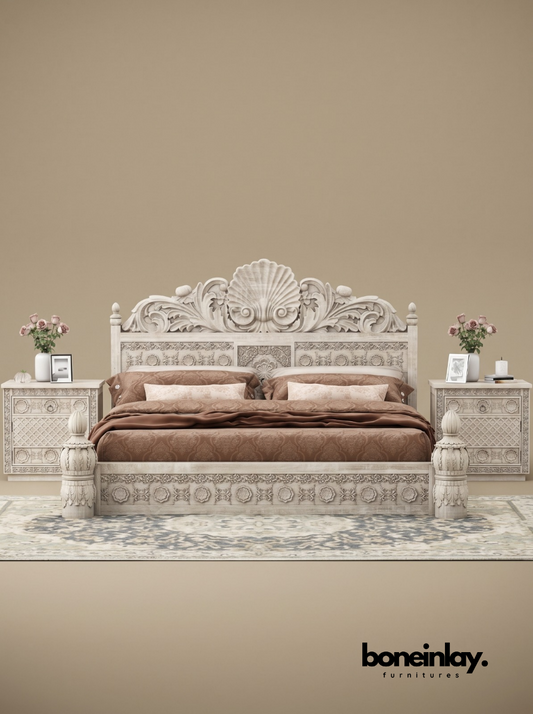 Hand-Carved Luxury White Wood Ornate Bedroom Set (6-Piece Suite)