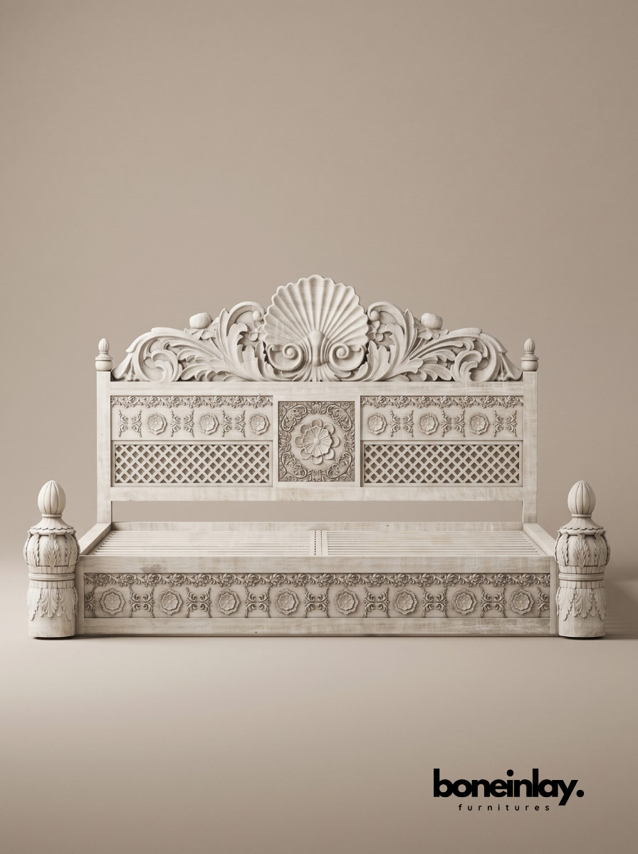 Hand-Carved Luxury White Wood Ornate Bedroom Set (6-Piece Suite)