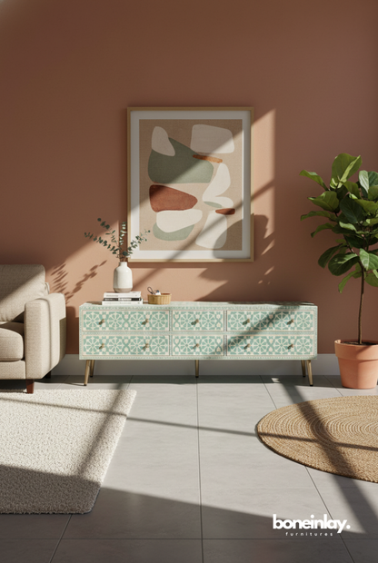 Mint Green Bone Inlay Media Console Cabinet for Modern Home Decor