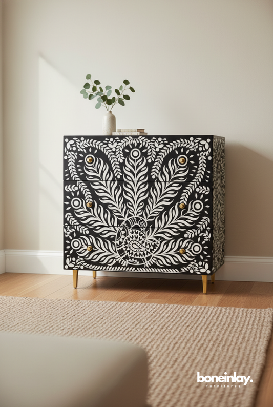 Black Floral Bone Inlay Cabinet with Peacock Inspired Artisan Design