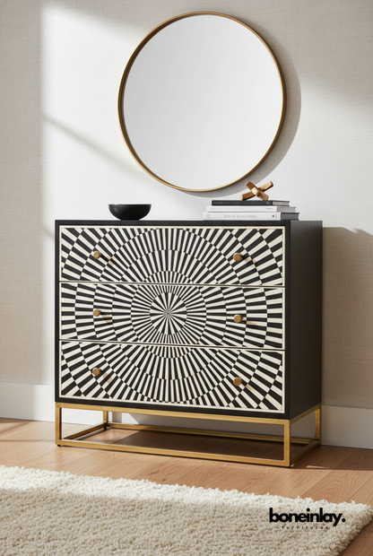 Black and White Optical Illusion Bone Inlay Chest of Drawers with Gold Base