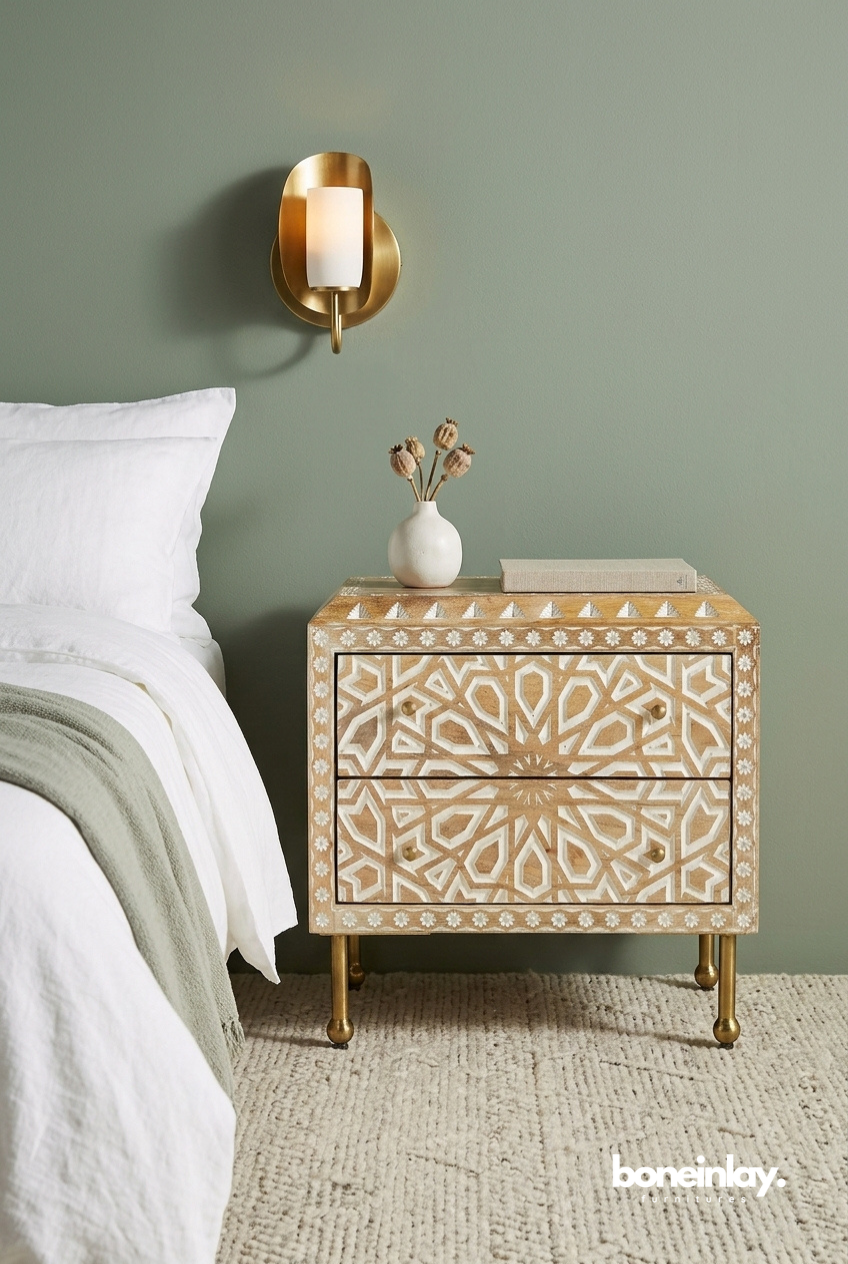 Moroccan Style Bone Inlay Nightstand with Geometric Pattern and Brass Legs