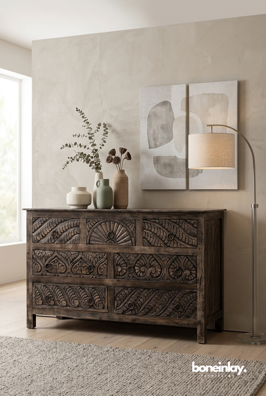 Rustic Hand Carved Solid Wood Dresser Chest for Bedroom Storage