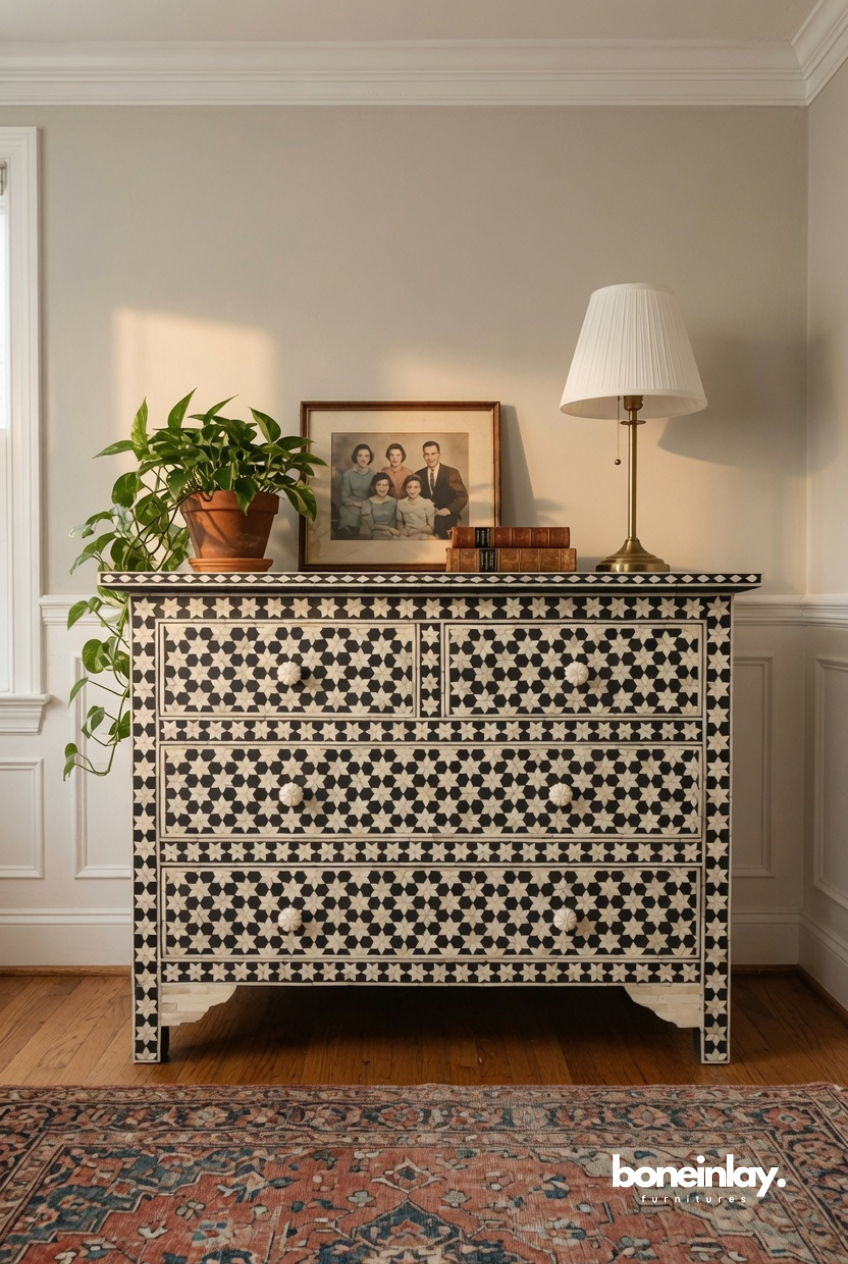 Black and White Bone Inlay Dresser with Moroccan Star Motif Design
