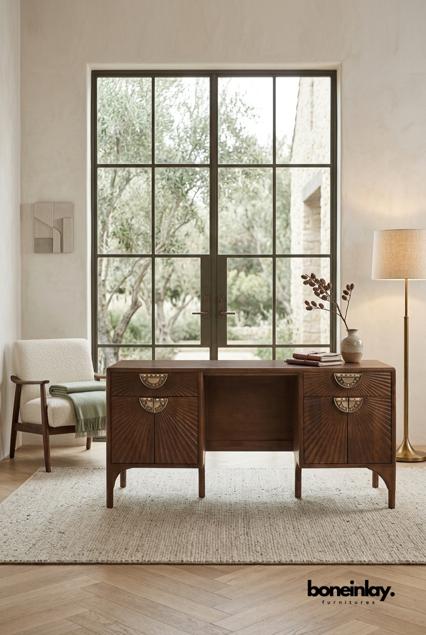 Mid-Century Walnut Executive Writing Desk with Brass Sunburst Hardware