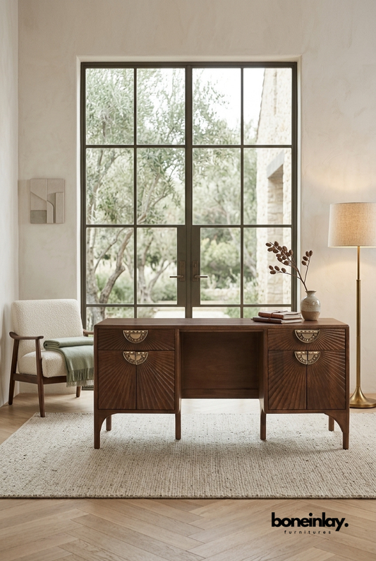 Mid-Century Walnut Executive Writing Desk with Brass Sunburst Hardware