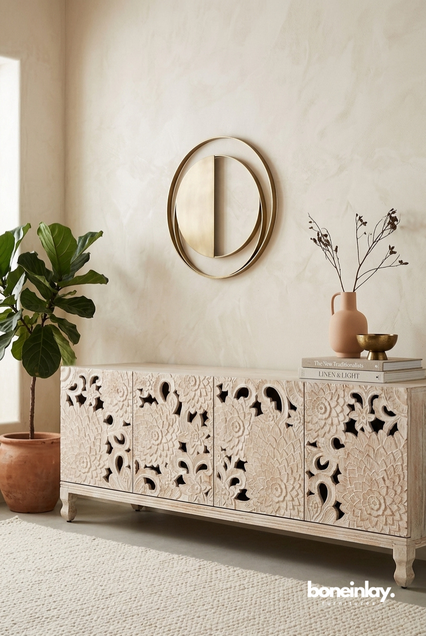 Hand Carved Lotus Media Unit Table