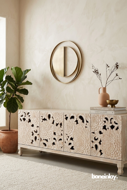Hand Carved Lotus Media Unit Table