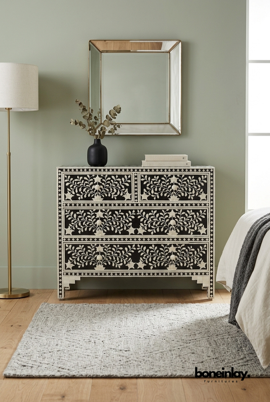 Black and White Floral Bone Inlay Chest of Drawers