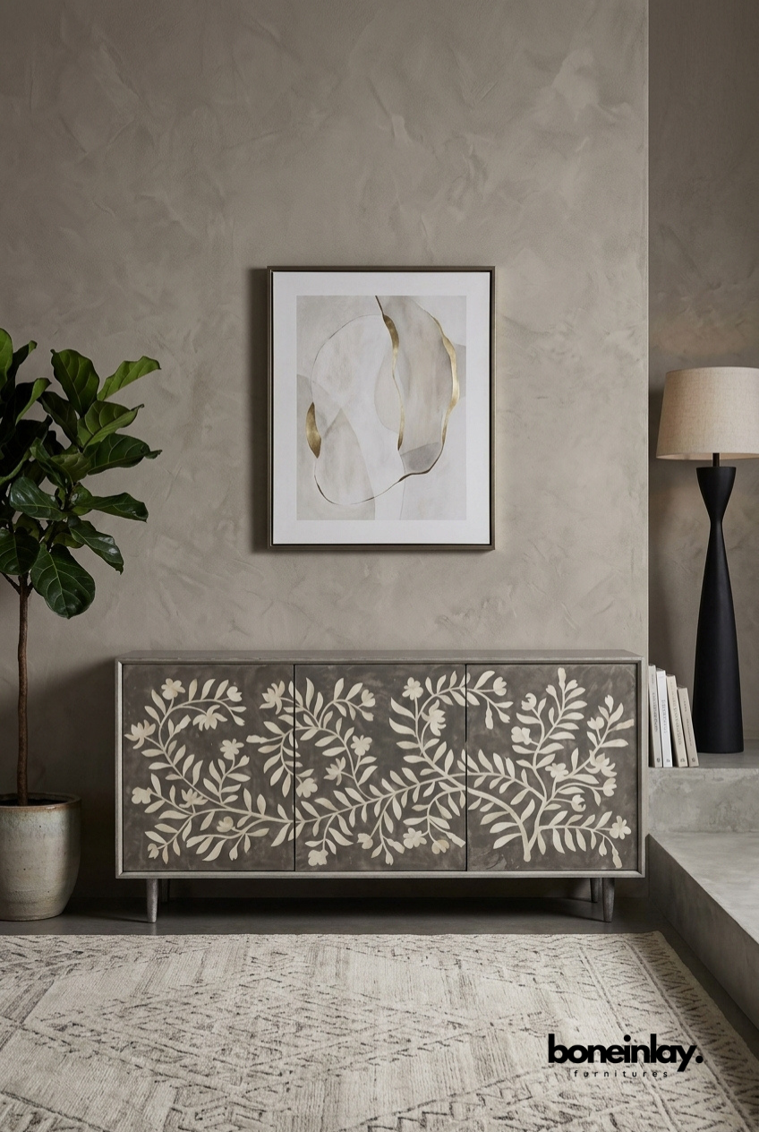 Grey Bone Inlay Credenza Cabinet with White Floral Vine Pattern Doors
