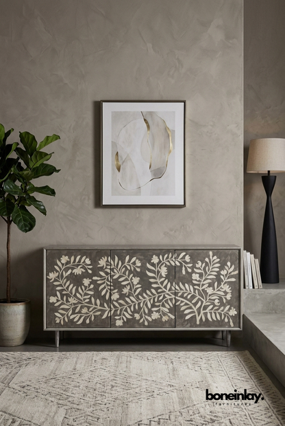 Grey Bone Inlay Credenza Cabinet with White Floral Vine Pattern Doors
