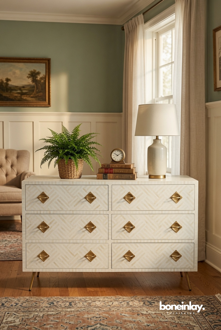 Ivory Bone Inlay Six Drawer Dresser with Brass Hardware Accents