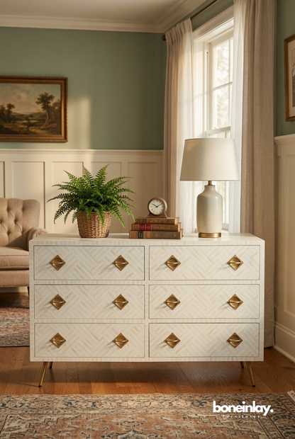 Ivory Bone Inlay Six Drawer Dresser with Brass Hardware Accents