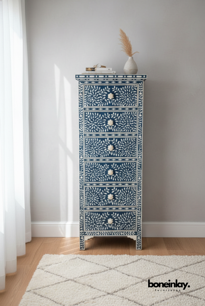 Blue Floral Bone Inlay Tallboy Chest with Six Drawers