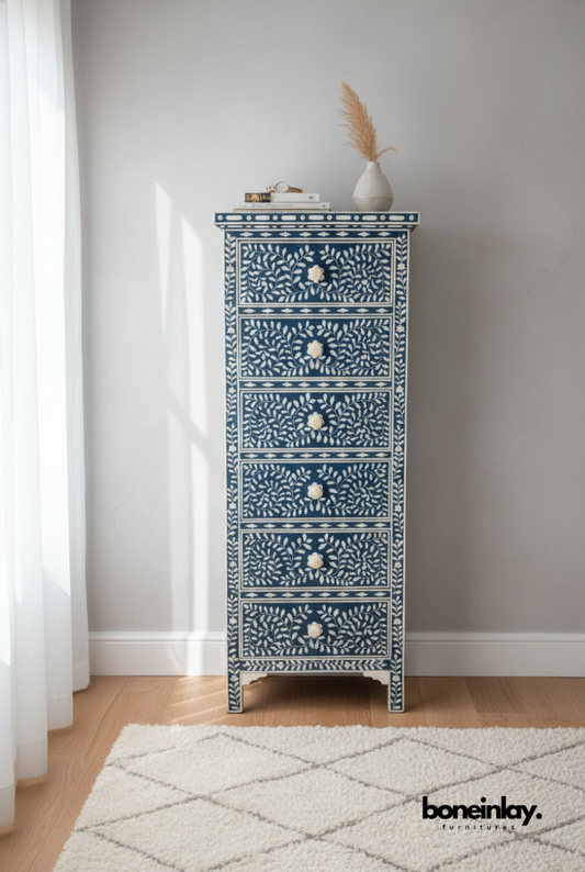 Blue Floral Bone Inlay Tallboy Chest with Six Drawers