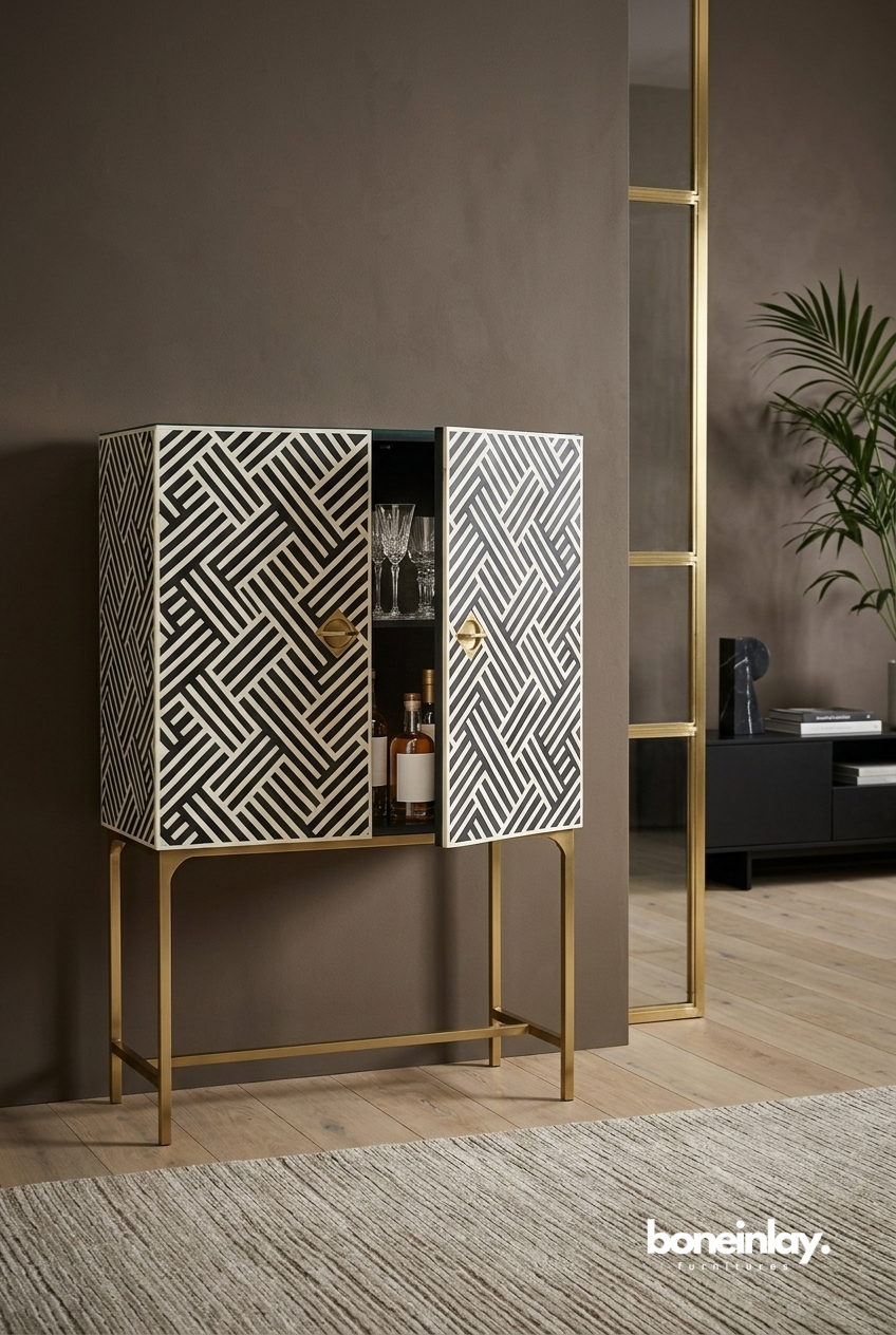 Black and White Geometric Bar Cabinet with Gold Metal Legs