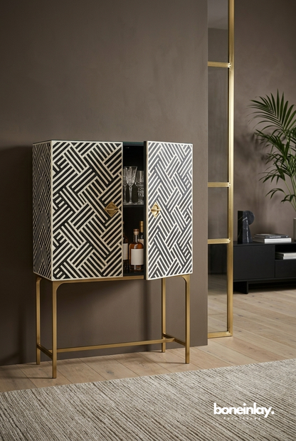 Black and White Geometric Bar Cabinet with Gold Metal Legs