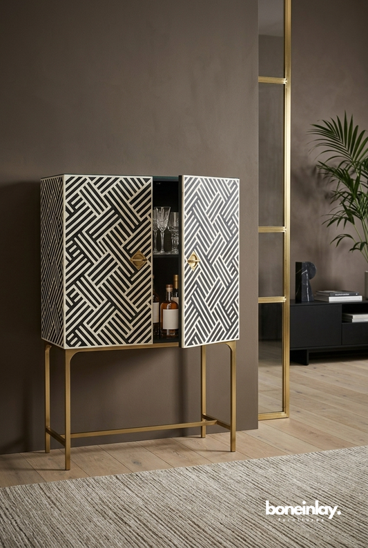 Black and White Geometric Bar Cabinet with Gold Metal Legs