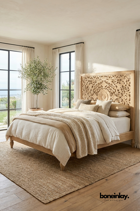Ornately carved wooden bed frame in a bright coastal bedroom with layered neutral bedding, woven rug, floor-to-ceiling windows, and soft natural light.