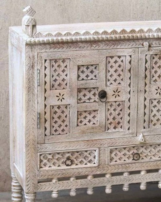 Hand-Carved Solid Wood 2-Door Sideboard Cabinet with Jali Lattice and Bobbin Fringe Apron in Distressed White