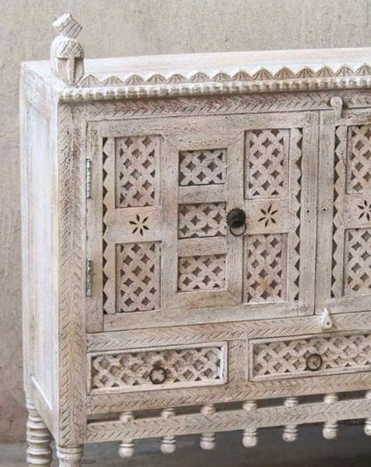 Hand-Carved Solid Wood 2-Door Sideboard Cabinet with Jali Lattice and Bobbin Fringe Apron in Distressed White