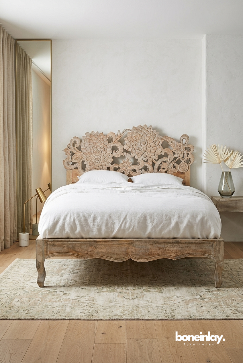 Floral Hand Carved Wooden Bed