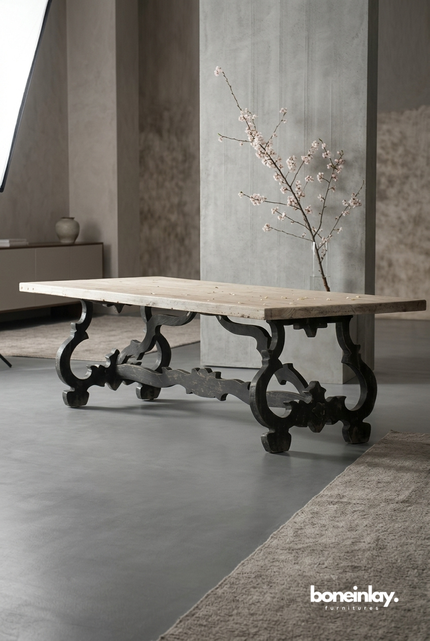 Rustic Wooden Dining Table with Hand Carved Black Trestle Base